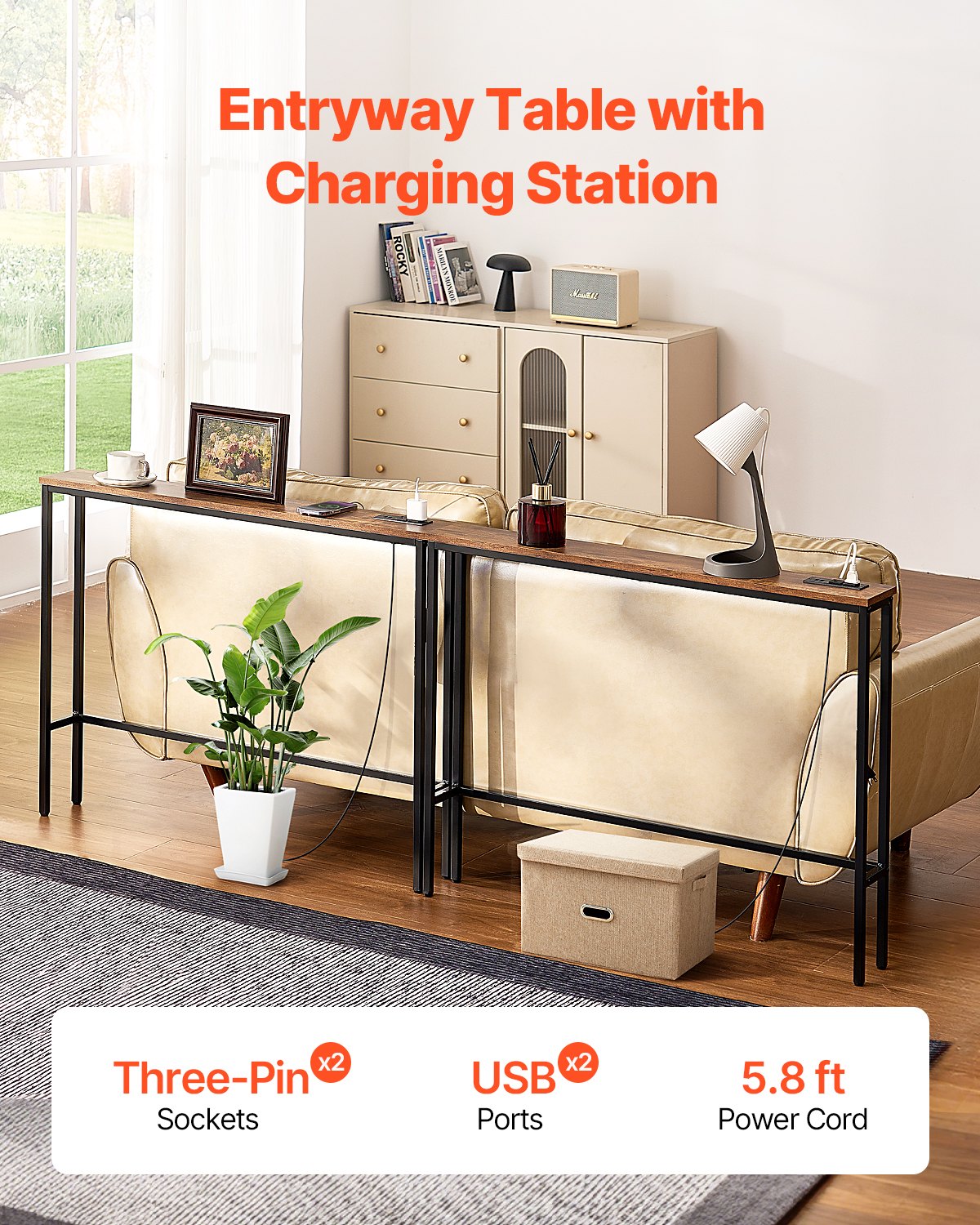 VEVOR Narrow Console Sofa Table, 2 Pieces Behind Couch Table with Power Outlets, 1-Tier Long Entryway Table, Narrow Sofa Table with Metal Frame and Charge Station, for Entryway, Hallway, Living Room