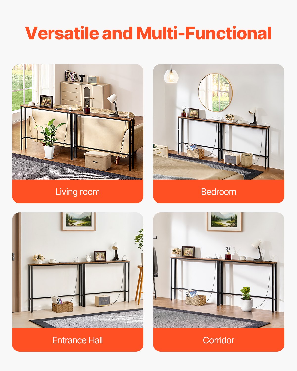 VEVOR Narrow Console Sofa Table, 2 Pieces Behind Couch Table with Power Outlets, 1-Tier Long Entryway Table, Narrow Sofa Table with Metal Frame and Charge Station, for Entryway, Hallway, Living Room