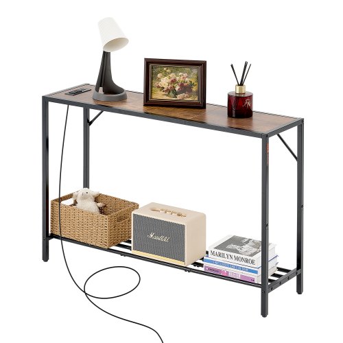 VEVOR Narrow Console Table, 41.7" Behind Couch Shelf with Power Outlets, 2-Tier Long Entryway Shelf, Sofa Table with Metal Frame and Charge Station, for Entryway, Hallway, Living Room