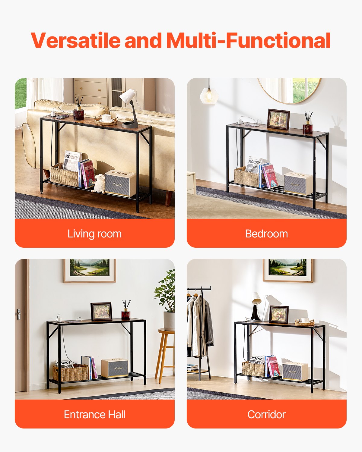 VEVOR Narrow Console Sofa Table, 106 cm Behind Couch Table with Power Outlets, 2-Tier Long Entryway Table, Narrow Sofa Table with Metal Frame and Charge Station, for Entryway, Hallway, Living Room