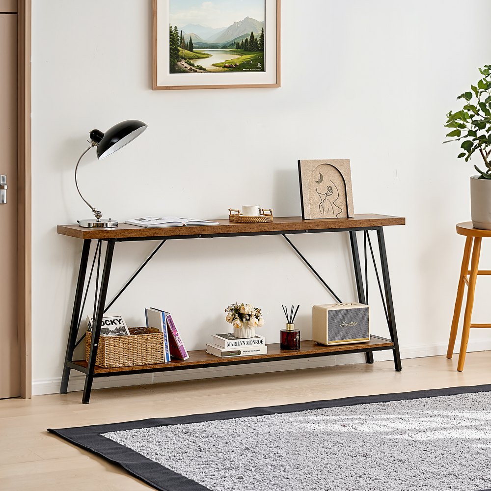 VEVOR Narrow Console Sofa Table, 180 cm Behind Couch Table, 2-Tier Long Entryway Table and Skinny Hallway Table, Narrow Sofa Table with Metal Frame, for Entryway, Hallway, Living Room and Bedroom