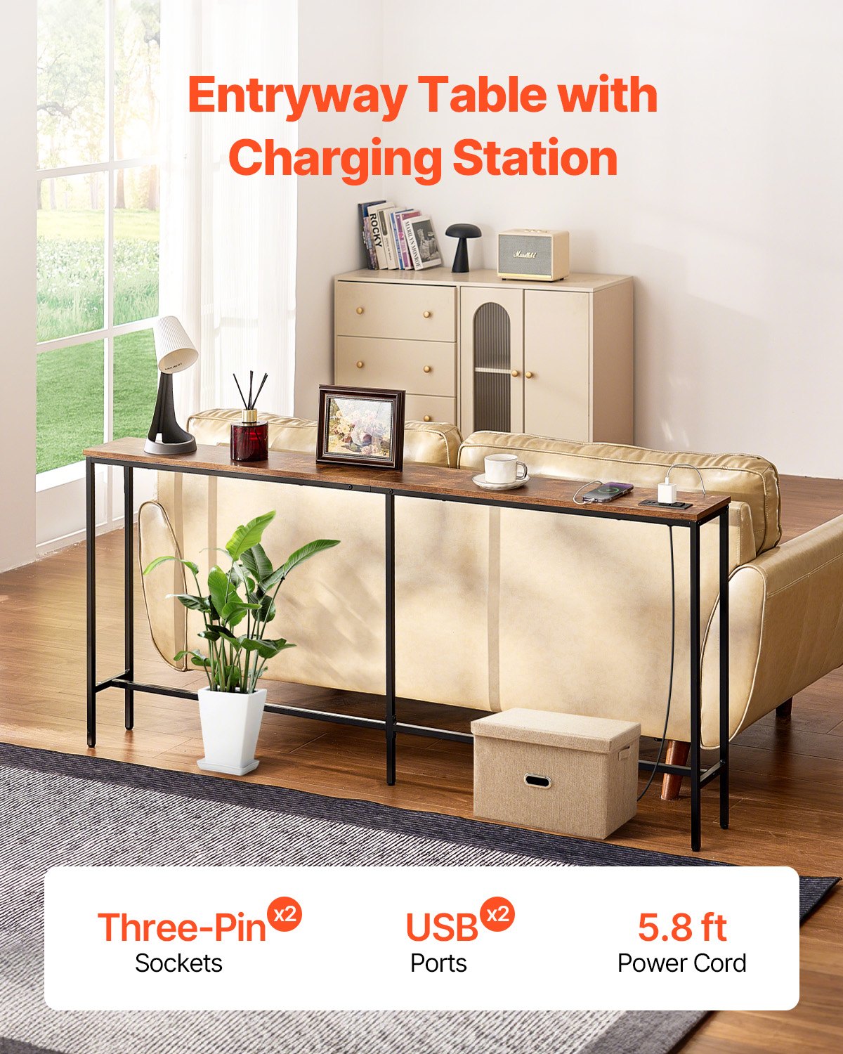 VEVOR Narrow Console Sofa Table, 180 cm Behind Couch Table with Power Outlets, 1-Tier Long Entryway Table, Narrow Sofa Table with Metal Frame and Charge Station, for Entryway, Hallway, Living Room