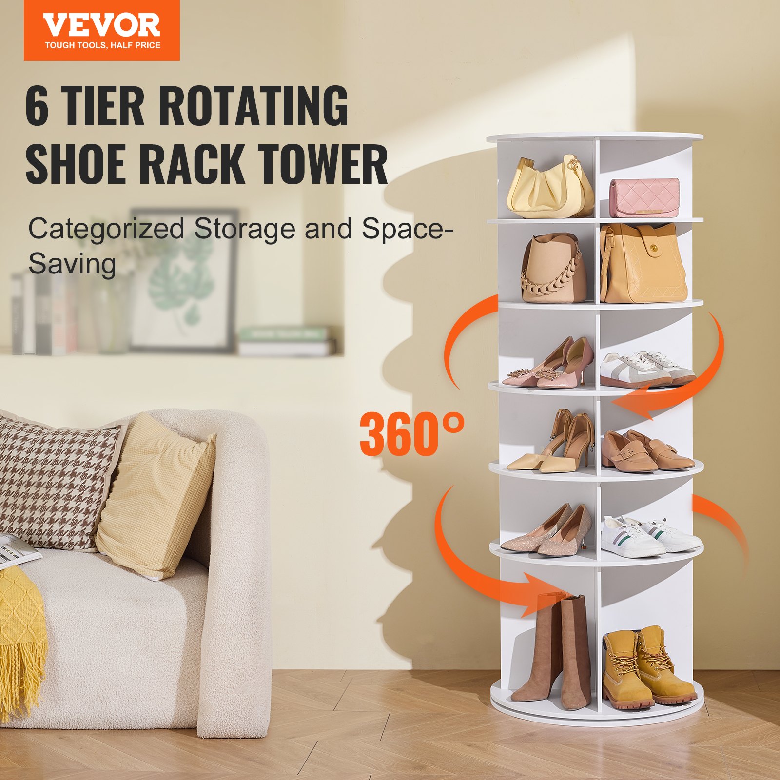 VEVOR 6-Tier Rotating Shoe Rack Tower 360° Spinning Shoe Display Carrossel Branco