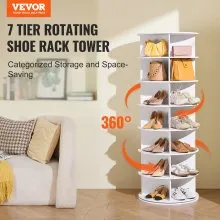 VEVOR 7 Tiers Rotating Shoe Rack Tower, 360°Spinning Shoe Display, Revolving Shoe Rack Storage Round Carousel, Lazy Susan Shoe Rack Organizer, Ideal for Bedroom, Living Room, Entryway, White