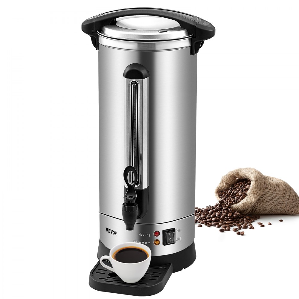 Urna de café comercial VEVOR, dispensador de café grande de aço inoxidável de 110 xícaras, cafeteira elétrica de 1500 W 110 V para preparo rápido, urna de água quente com cabo de alimentação destacável para limpeza fácil, prata