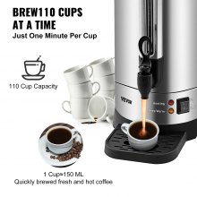 VEVOR kereskedelmi kávéurna, 110 csésze rozsdamentes acél nagy kávéadagoló, 1500 W 110 V elektromos kávéfőző urna a gyors főzéshez, forró vizes urna levehető tápkábellel a könnyű tisztítás érdekében, ezüst