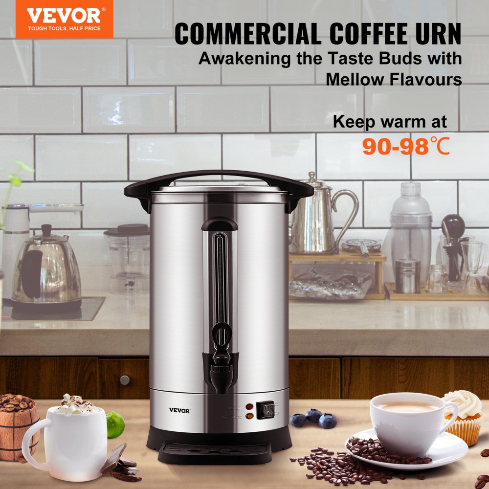 VEVOR Commercial Coffee Urn, 65 Cups Stainless Steel Large Coffee Dispenser, 1500W 220V Electric Coffee Maker Urn For Quick Brewing, Hot Water Urn with Detachable Power Cord for Easy Cleaning, Silver
