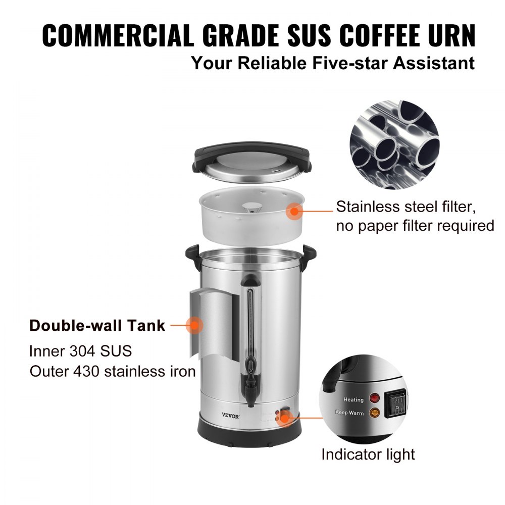 VEVOR Commercial Coffee Urn, 65 Cups Stainless Steel Large Coffee Dispenser, 1500W 220V Electric Coffee Maker Urn For Quick Brewing, Hot Water Urn with Detachable Power Cord for Easy Cleaning, Silver