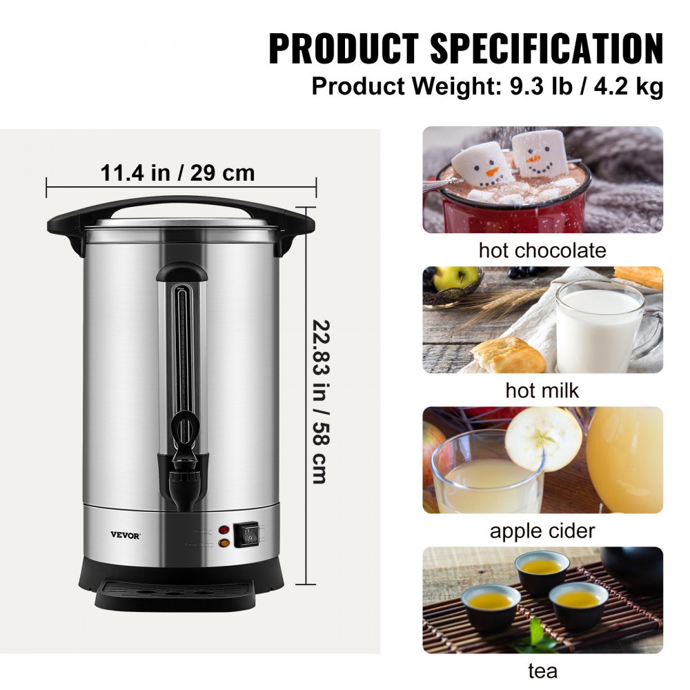 VEVOR Commercial Coffee Urn, 65 Cups Stainless Steel Large Coffee Dispenser, 1500W 220V Electric Coffee Maker Urn For Quick Brewing, Hot Water Urn with Detachable Power Cord for Easy Cleaning, Silver