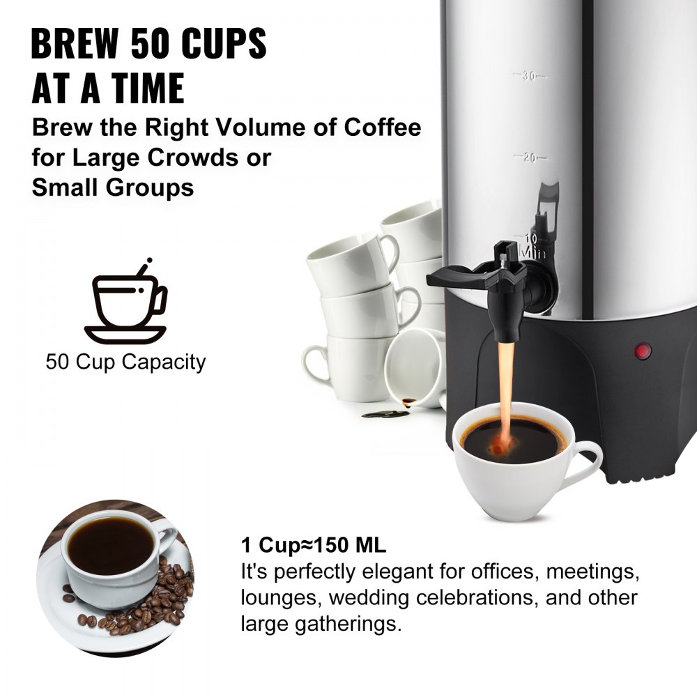 VEVOR Commercial Coffee Urn, 50 Cups Stainless Steel Large Coffee Dispenser, 1000W 110V Electric Coffee Maker Urn For Quick Brewing, Hot Water Urn with Detachable Power Cord for Easy Cleaning, Silver