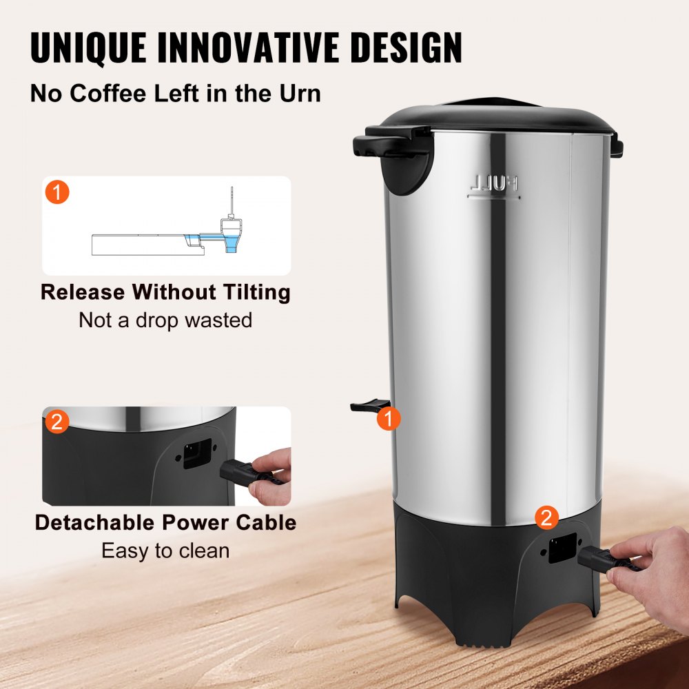 VEVOR Commercial Coffee Urn, 50 Cups Stainless Steel Large Coffee Dispenser, 1000W 110V Electric Coffee Maker Urn For Quick Brewing, Hot Water Urn with Detachable Power Cord for Easy Cleaning, Silver