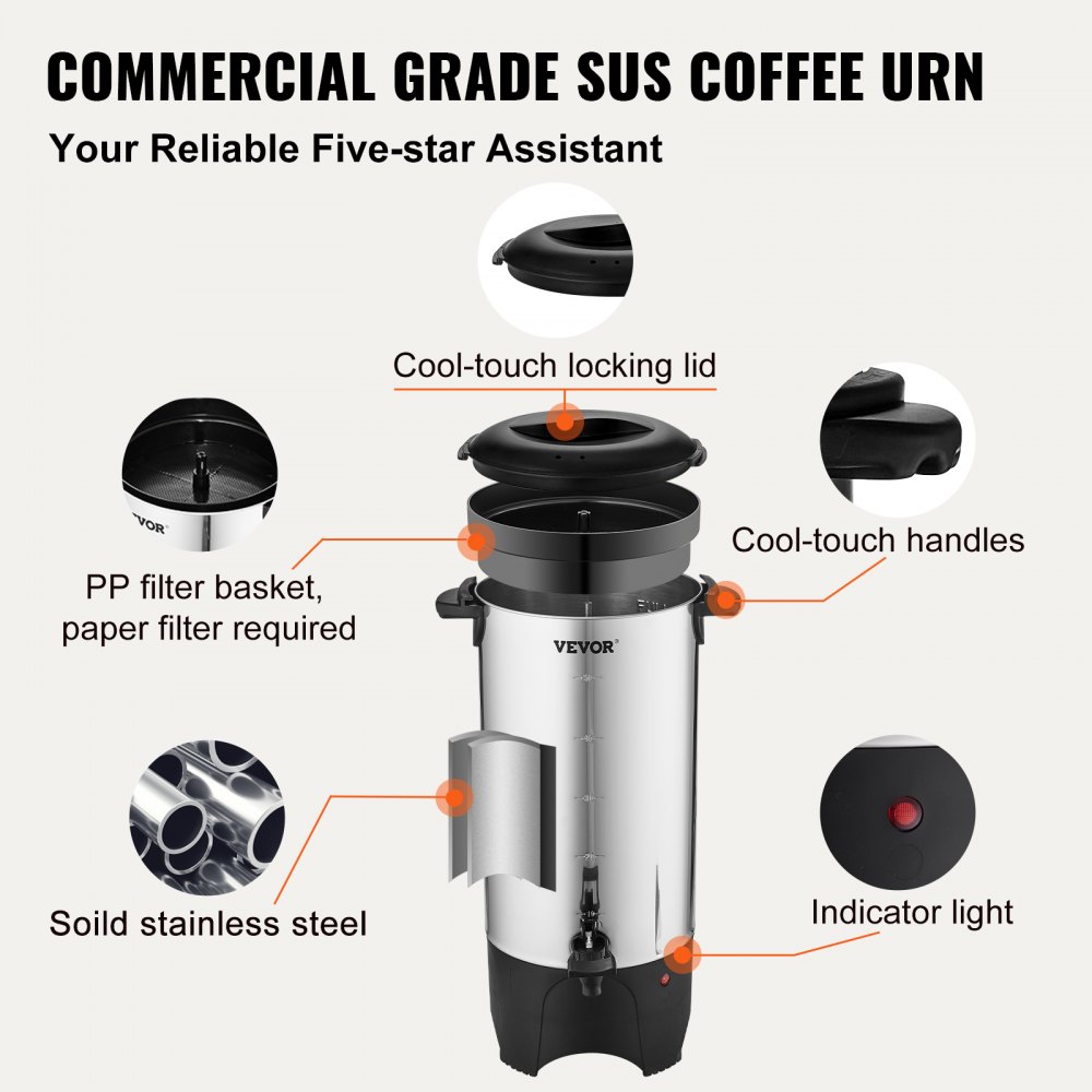 VEVOR Commercial Coffee Urn, 50 Cups Stainless Steel Large Coffee Dispenser, 1000W 110V Electric Coffee Maker Urn For Quick Brewing, Hot Water Urn with Detachable Power Cord for Easy Cleaning, Silver