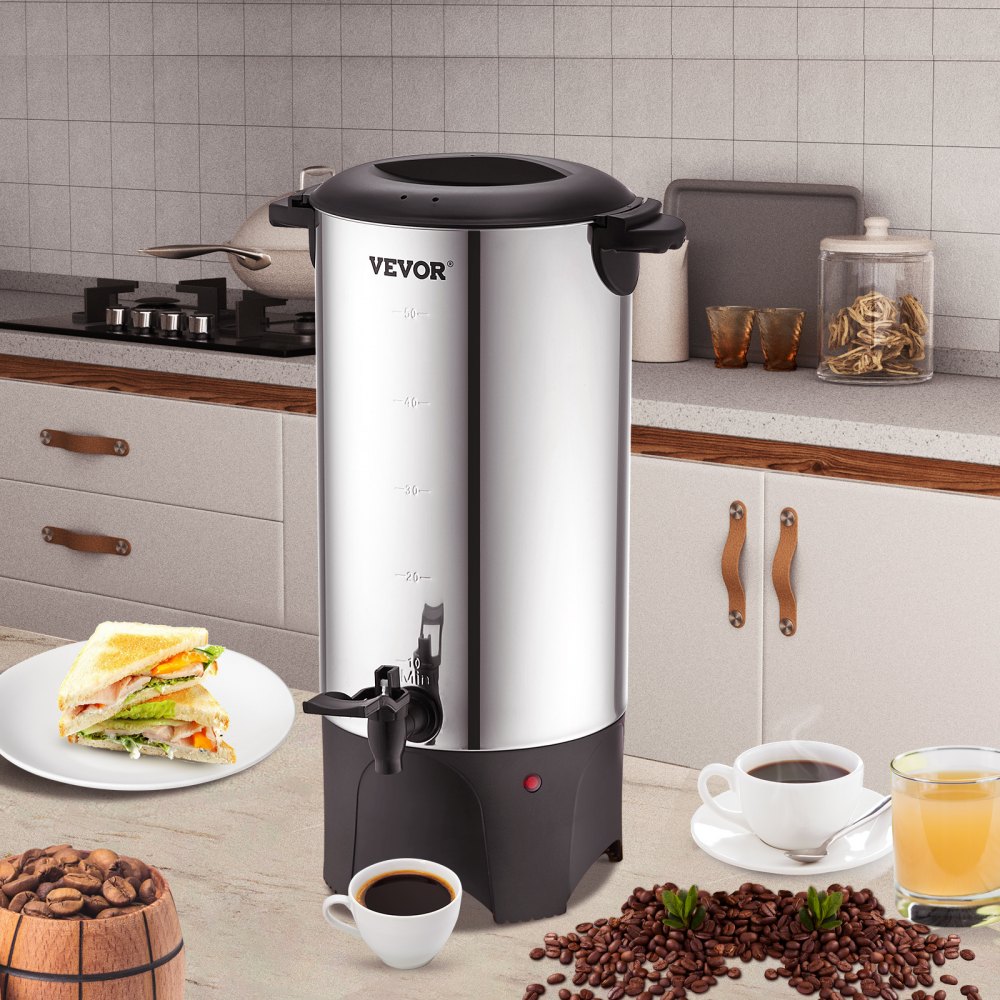 VEVOR Commercial Coffee Urn, 50 Cups Stainless Steel Large Coffee Dispenser, 1000W 110V Electric Coffee Maker Urn For Quick Brewing, Hot Water Urn with Detachable Power Cord for Easy Cleaning, Silver