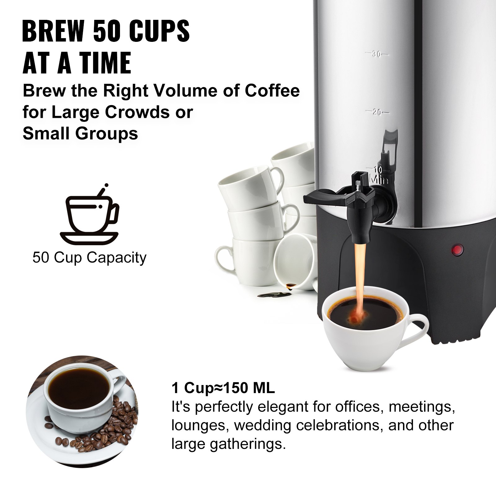 VEVOR Commercial Coffee Urn, 50 Cups Stainless Steel Large Coffee Dispenser, 1000W 110V Electric Coffee Maker Urn For Quick Brewing, Hot Water Urn with Detachable Power Cord for Easy Cleaning, Silver