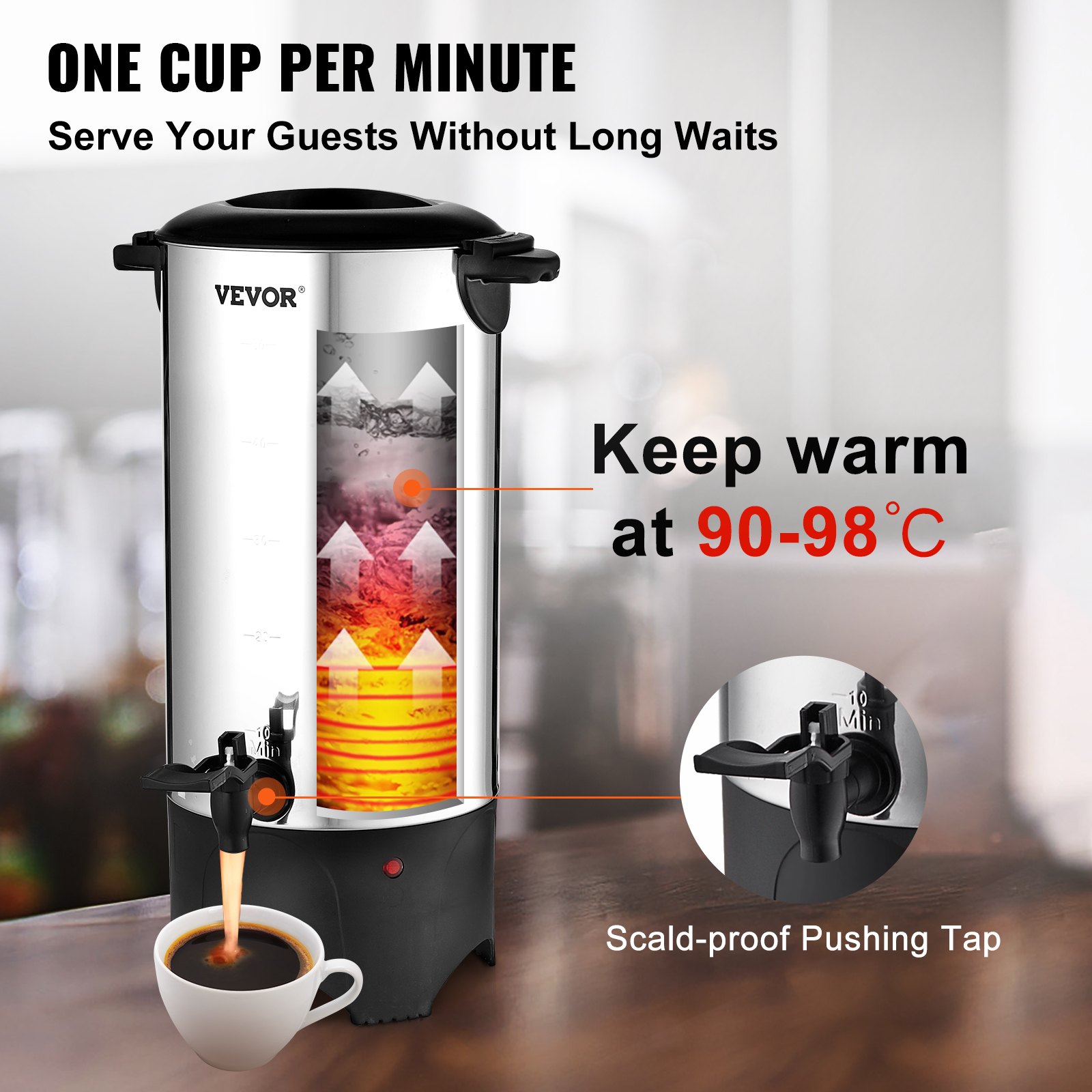 VEVOR Commercial Coffee Urn, 50 Cups Stainless Steel Large Coffee Dispenser, 1000W 110V Electric Coffee Maker Urn For Quick Brewing, Hot Water Urn with Detachable Power Cord for Easy Cleaning, Silver