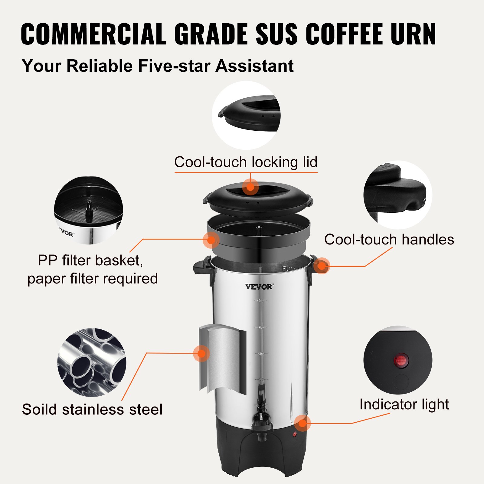 VEVOR Commercial Coffee Urn, 50 Cups Stainless Steel Large Coffee Dispenser, 1000W 110V Electric Coffee Maker Urn For Quick Brewing, Hot Water Urn with Detachable Power Cord for Easy Cleaning, Silver