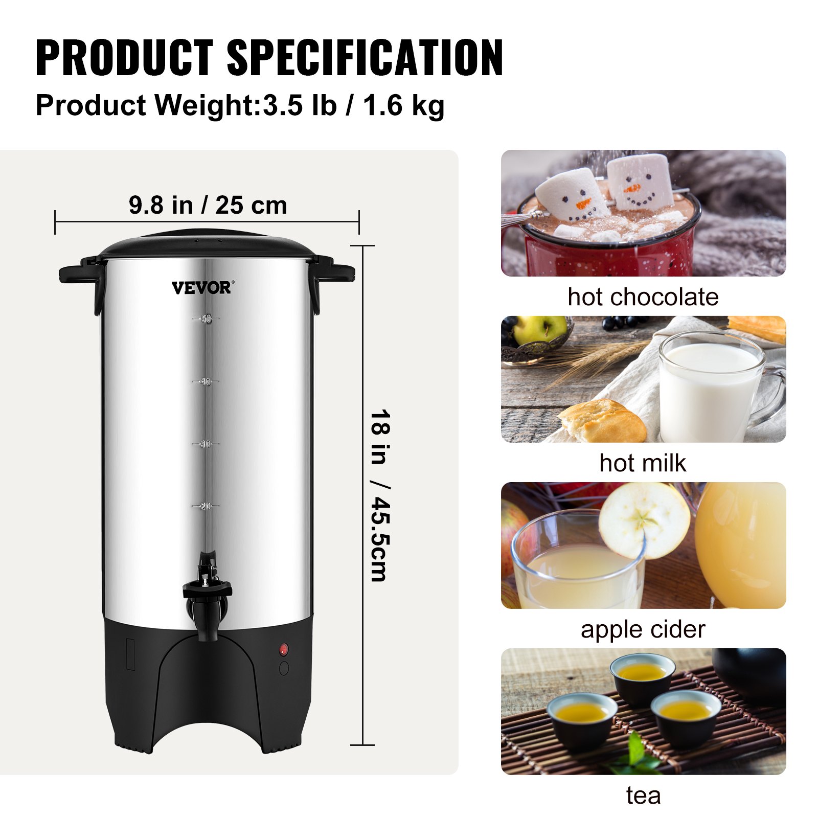 VEVOR Commercial Coffee Urn, 50 Cups Stainless Steel Large Coffee Dispenser, 1000W 110V Electric Coffee Maker Urn For Quick Brewing, Hot Water Urn with Detachable Power Cord for Easy Cleaning, Silver