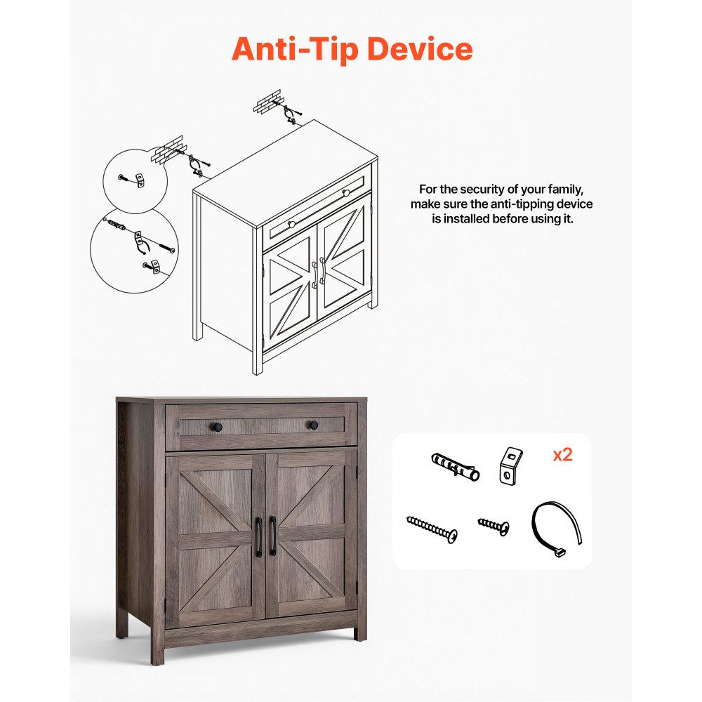 VEVOR Coffee Bar Cabinet, Farmhouse Coffee Bar Table with Drawer, Buffet Stand Cabinet with 2 Barn Doors, Sideboard Buffet Station for Living Room, Entryway, Kitchen, 29.5 x 14.7 x 31.5 in, Grey