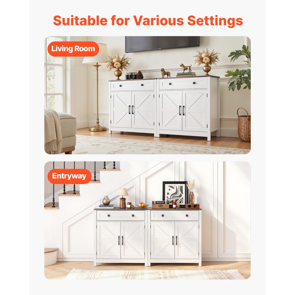 VEVOR Coffee Bar Cabinet, Farmhouse Coffee Bar Table with Drawer, Buffet Stand Cabinet with 2 Barn Door, Sideboard Buffet Station for Living Room, Entryway, Kitchen, 29.5 x 14.7 x 31.5 in, White