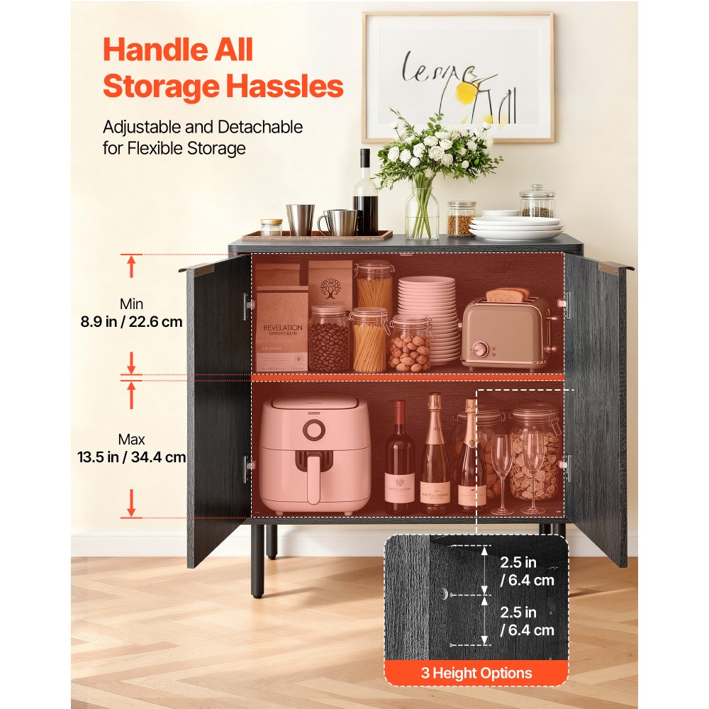 VEVOR Coffee Bar Cabinet, Mid Century Fluted Coffee Bar Table with 2-Tier Storage, Buffet Stand Cabinet with Barn Door, Sideboard Buffet Station for Living Room, Entryway, 31.5 x 14.7 x 31.5 in, Black