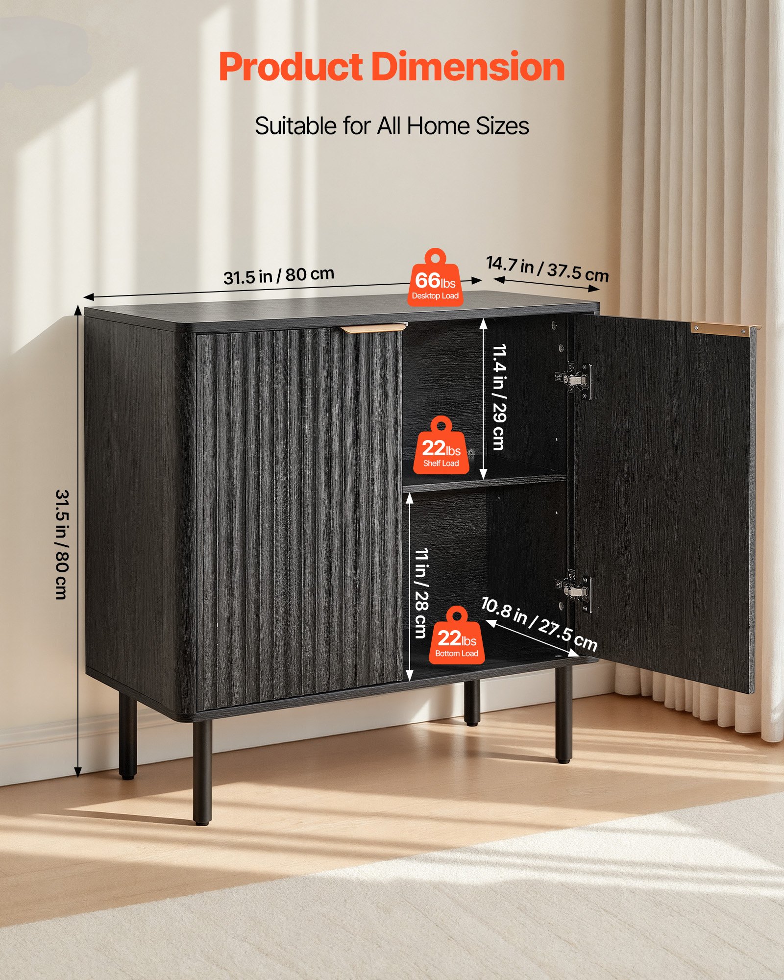 VEVOR Coffee Bar Cabinet, Mid Century Fluted Coffee Bar Table with 2-Tier Storage, Buffet Stand Cabinet with Barn Door, Sideboard Buffet Station for Living Room, Entryway, 31.5 x 14.7 x 31.5 in, Black