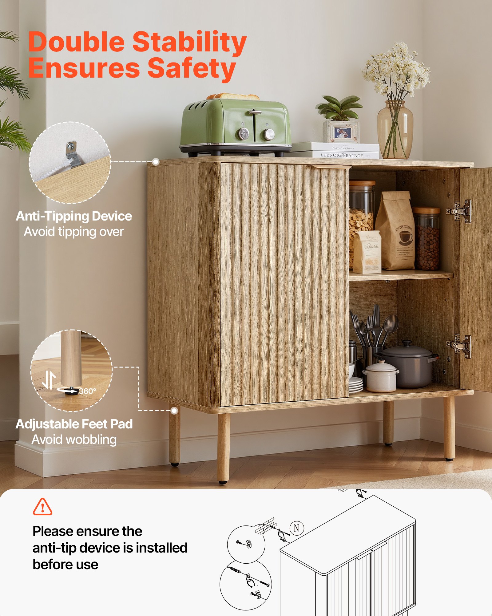 VEVOR Coffee Bar Cabinet, Mid Century Fluted Coffee Bar Table with 2-Tier Storage, Buffet Stand Cabinet with 2 Barn Door, Sideboard Buffet Station for Living Room, Entryway, 31.5 x 14.7 x 31.5 in, Oak