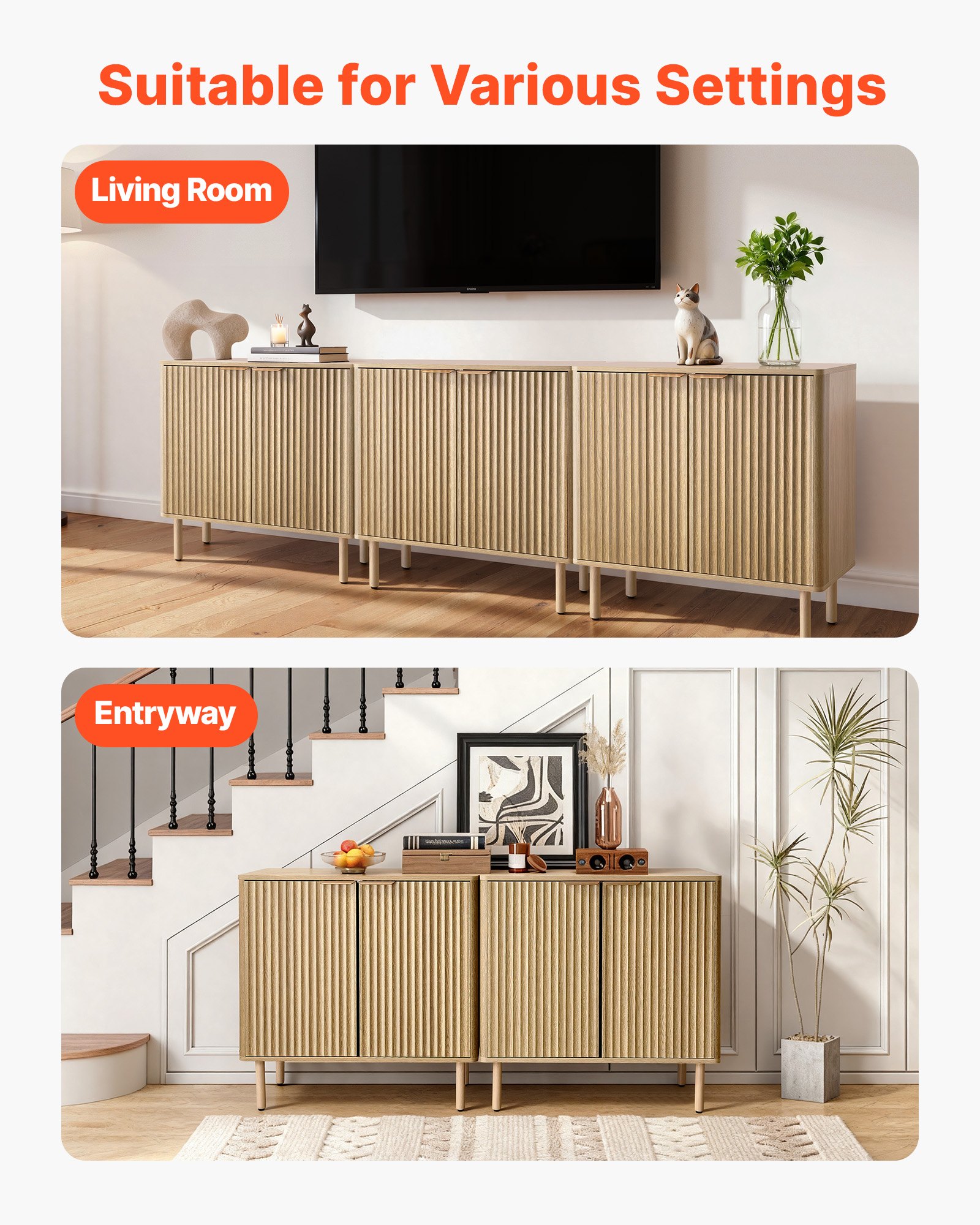 VEVOR Coffee Bar Cabinet, Mid Century Fluted Coffee Bar Table with 2-Tier Storage, Buffet Stand Cabinet with 2 Barn Door, Sideboard Buffet Station for Living Room, Entryway, 31.5 x 14.7 x 31.5 in, Oak