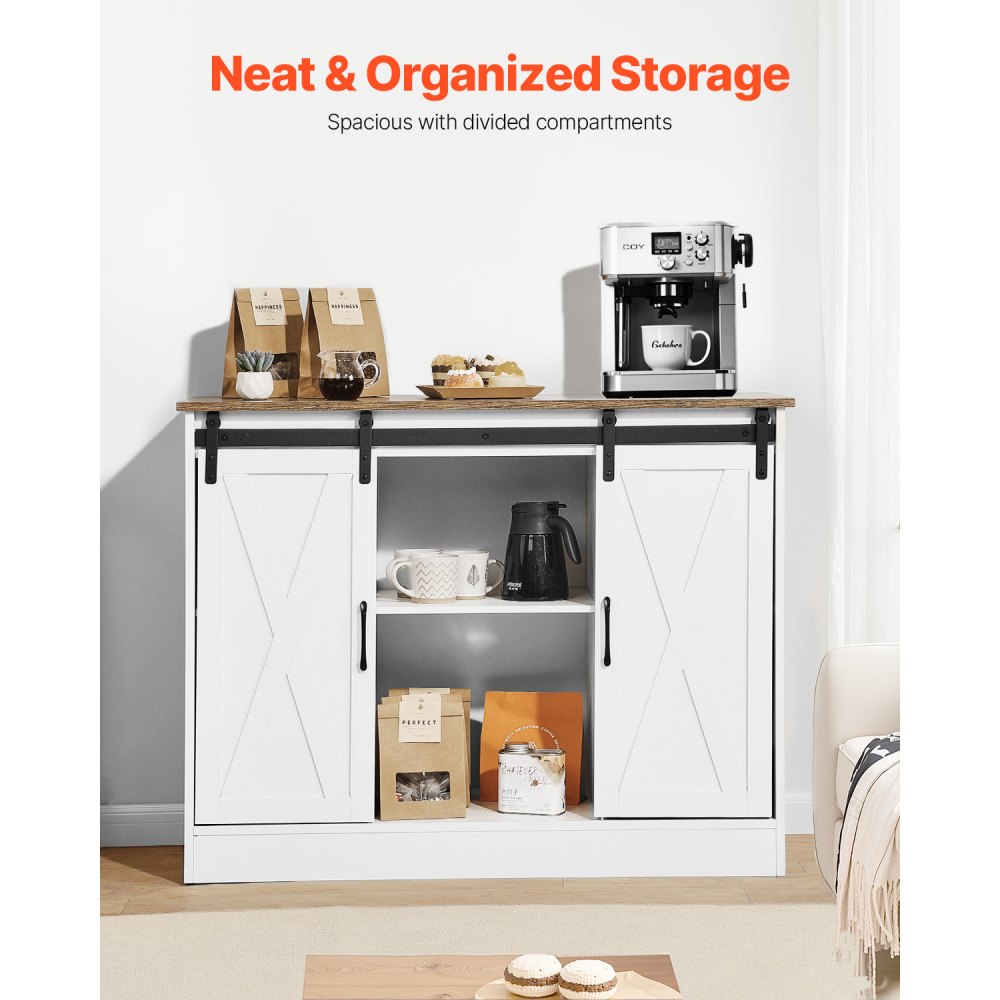 VEVOR Coffee Bar Cabinet, 106 x 40 x 81.5 cm Farmhouse Coffee Bar Cabinet with 3-Tier Storage, Coffee Bar Table with Barn Doors, Farmhouse Sideboard Buffet Cabinet for Living Room, Entryway