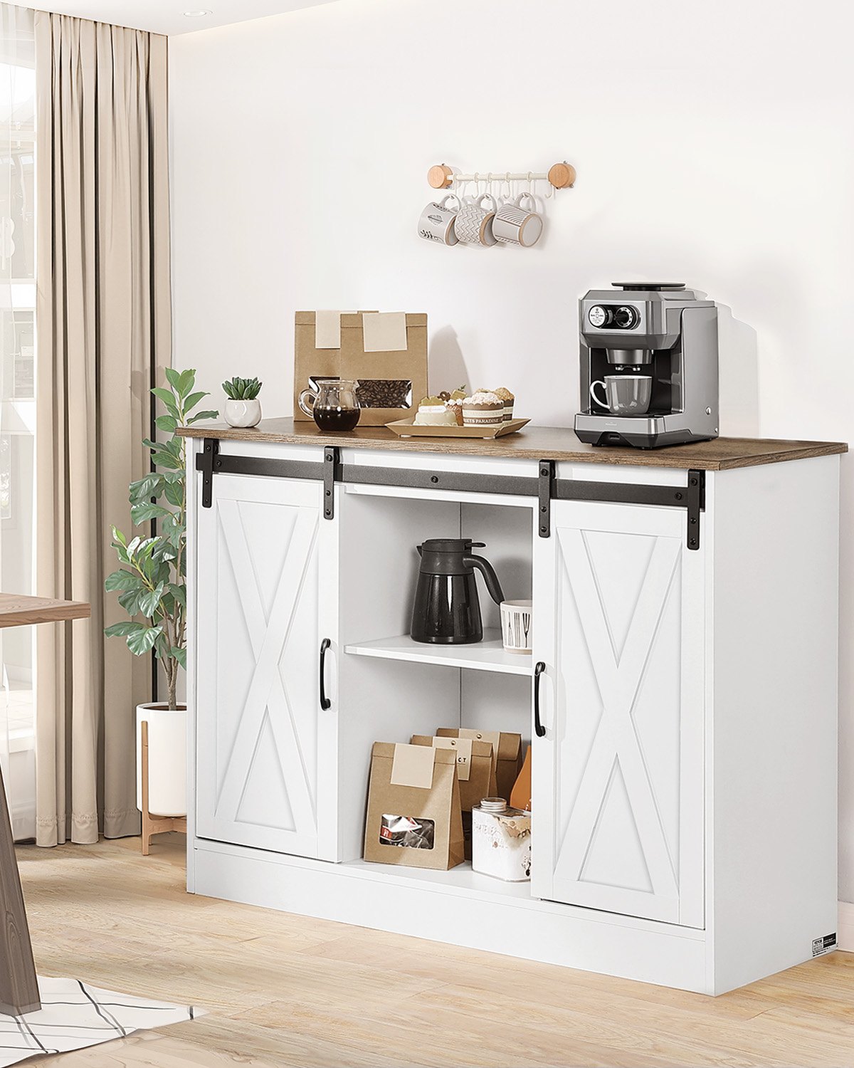 VEVOR Coffee Bar Cabinet, 106 x 40 x 81.5 cm Farmhouse Coffee Bar Cabinet with 3-Tier Storage, Coffee Bar Table with Barn Doors, Farmhouse Sideboard Buffet Cabinet for Living Room, Entryway