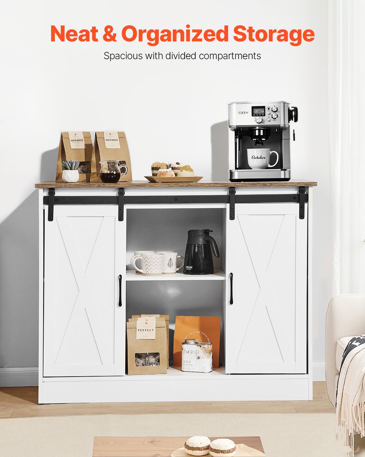 VEVOR Coffee Bar Cabinet, 106 x 40 x 81.5 cm Farmhouse Coffee Bar Cabinet with 3-Tier Storage, Coffee Bar Table with Barn Doors, Farmhouse Sideboard Buffet Cabinet for Living Room, Entryway