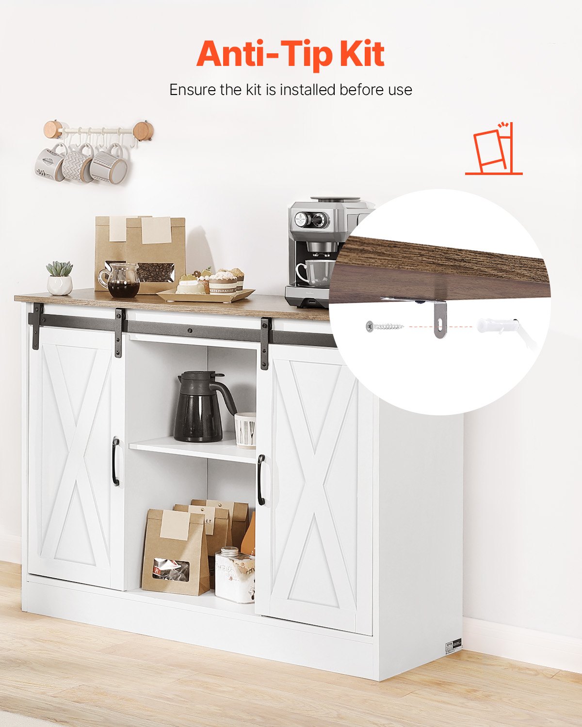 VEVOR Coffee Bar Cabinet, 106 x 40 x 81.5 cm Farmhouse Coffee Bar Cabinet with 3-Tier Storage, Coffee Bar Table with Barn Doors, Farmhouse Sideboard Buffet Cabinet for Living Room, Entryway