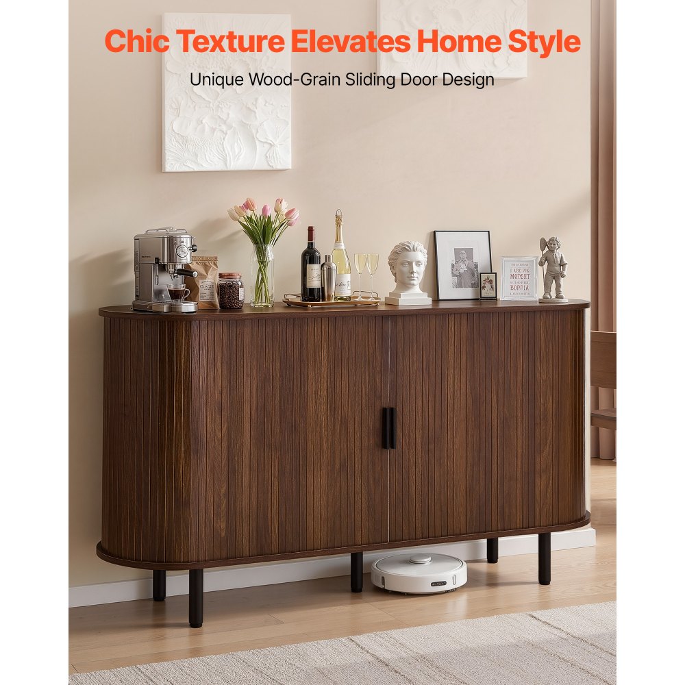 VEVOR Coffee Bar Cabinet, Mid Century Fluted Coffee Bar Table, Buffet Stand Cabinet with 2 Sliding Doors, Sideboard Buffet Station for Living Room, Entryway, Kitchen, 55.1 x 15.7 x 29.5 in, Walnut