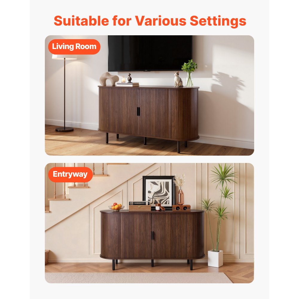 VEVOR Coffee Bar Cabinet, Mid Century Fluted Coffee Bar Table, Buffet Stand Cabinet with 2 Sliding Doors, Sideboard Buffet Station for Living Room, Entryway, Kitchen, 55.1 x 15.7 x 29.5 in, Walnut