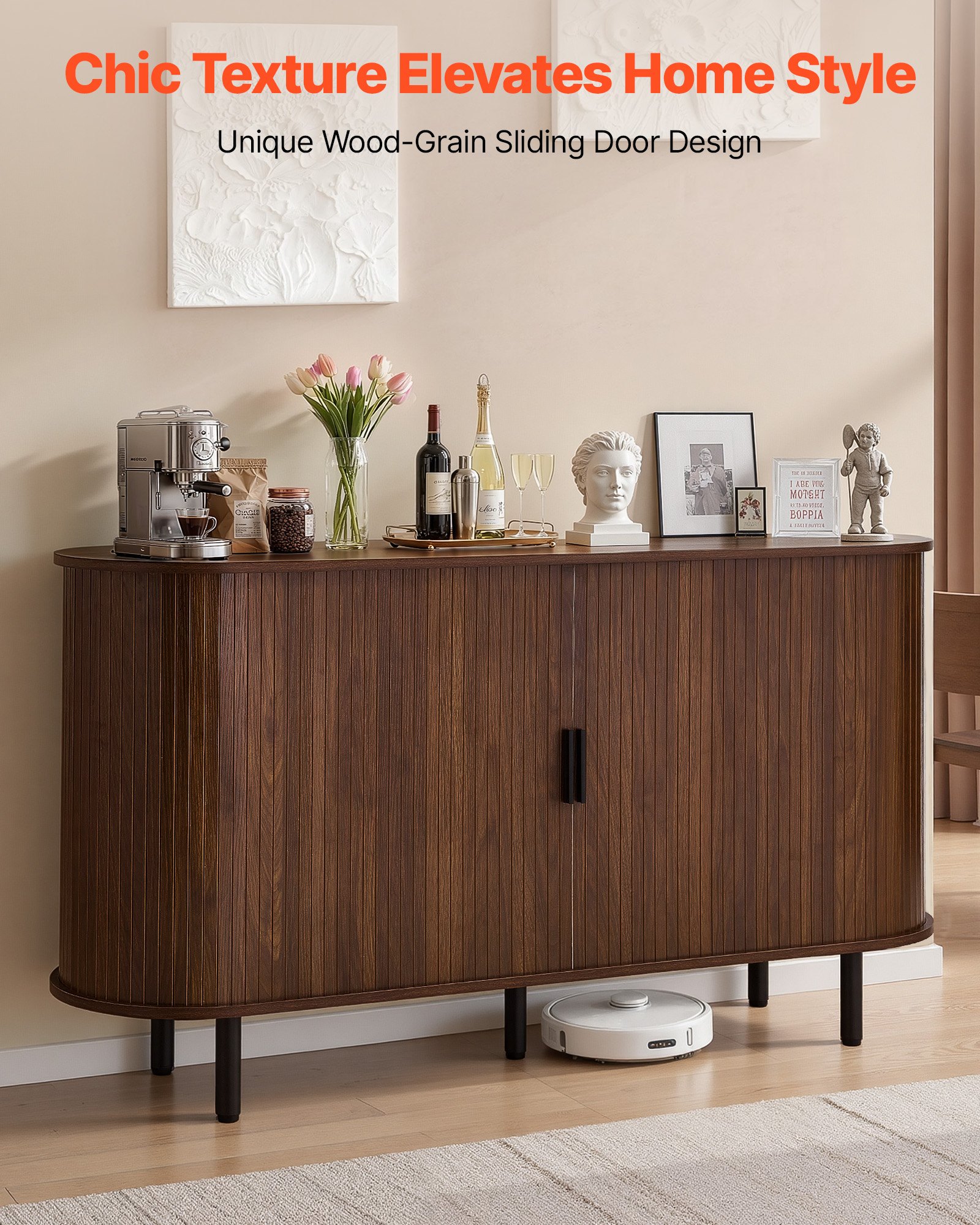 VEVOR Coffee Bar Cabinet, Mid Century Fluted Coffee Bar Table, Buffet Stand Cabinet with 2 Sliding Doors, Sideboard Buffet Station for Living Room, Entryway, Kitchen, 55.1 x 15.7 x 29.5 in, Walnut