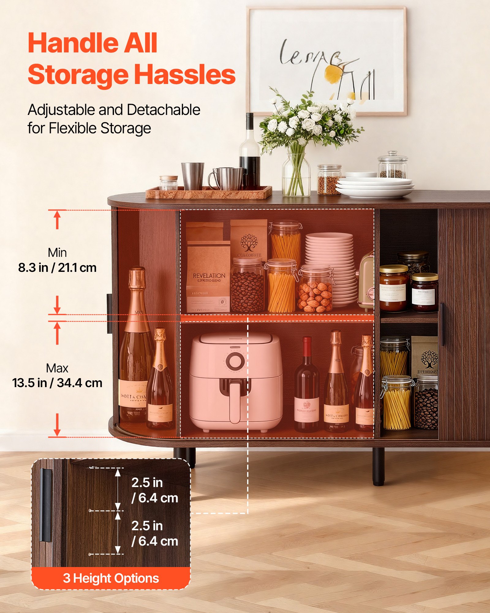 VEVOR Coffee Bar Cabinet, Mid Century Fluted Coffee Bar Table, Buffet Stand Cabinet with 2 Sliding Doors, Sideboard Buffet Station for Living Room, Entryway, Kitchen, 55.1 x 15.7 x 29.5 in, Walnut