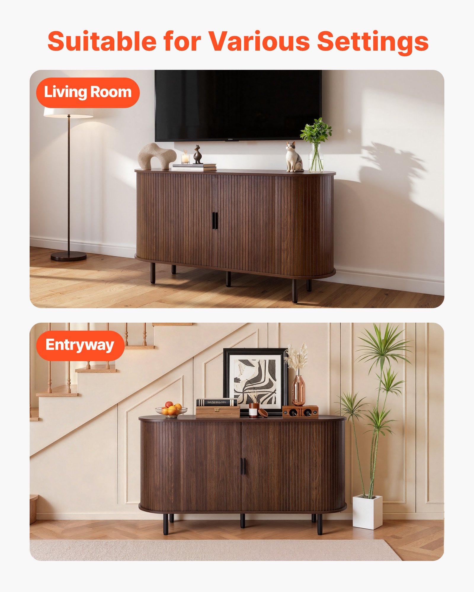 VEVOR Coffee Bar Cabinet, Mid Century Fluted Coffee Bar Table, Buffet Stand Cabinet with 2 Sliding Doors, Sideboard Buffet Station for Living Room, Entryway, Kitchen, 55.1 x 15.7 x 29.5 in, Walnut