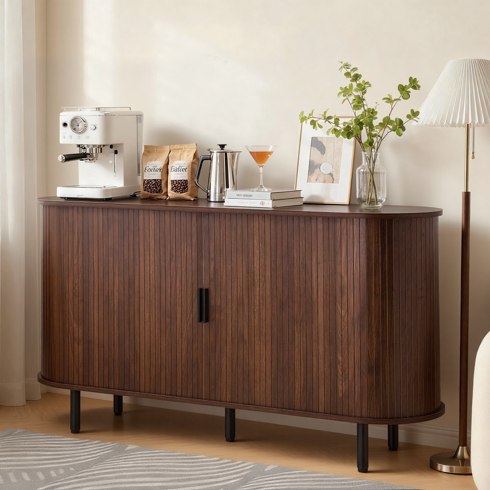 VEVOR Coffee Bar Cabinet, Mid Century Fluted Coffee Bar Table, Buffet Stand Cabinet with 2 Sliding Doors, Sideboard Buffet Station for Living Room, Entryway, Kitchen, 55.1 x 15.7 x 29.5 in, Walnut