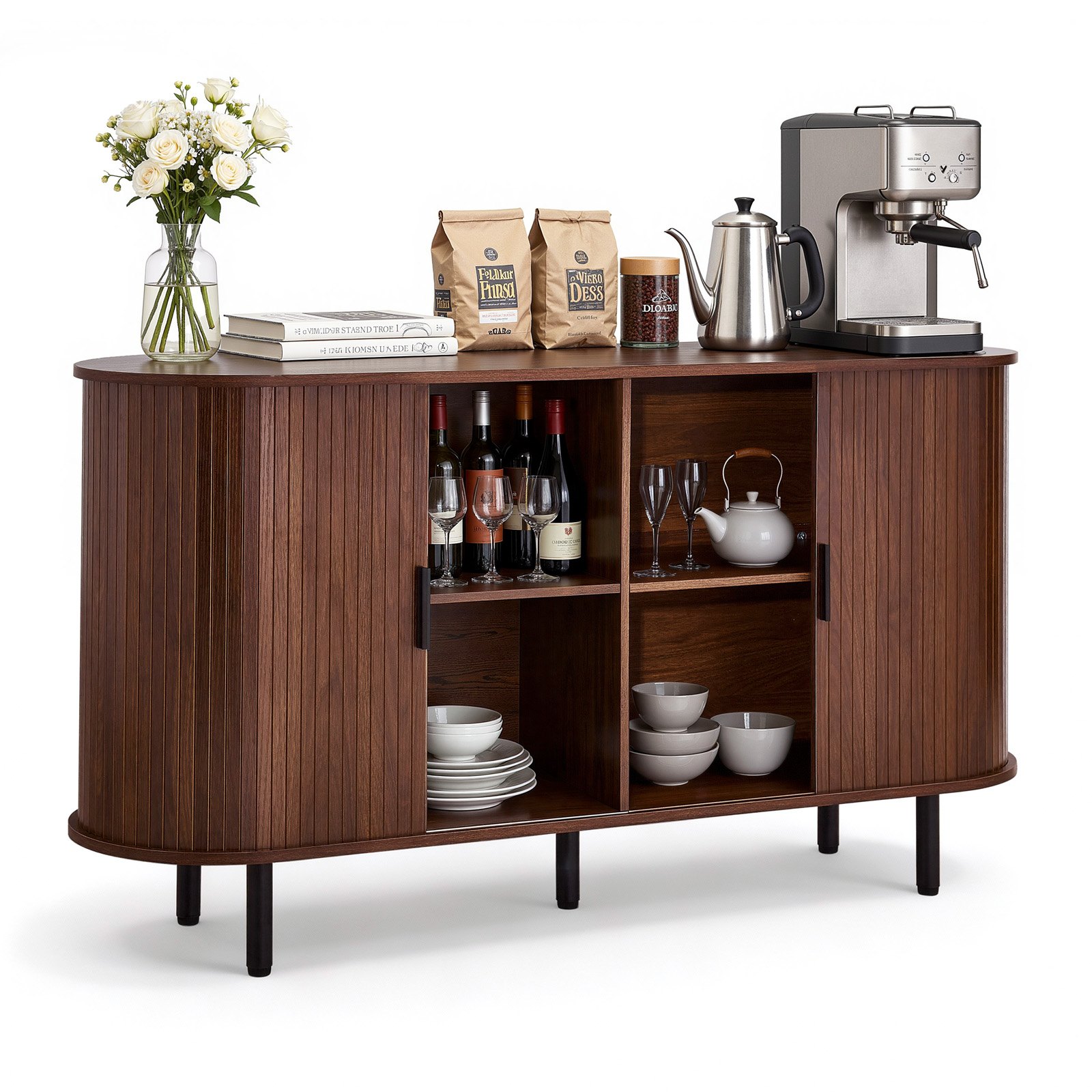 VEVOR Coffee Bar Cabinet, Mid Century Fluted Coffee Bar Table, Buffet Stand Cabinet with 2 Sliding Doors, Sideboard Buffet Station for Living Room, Entryway, Kitchen, 55.1 x 15.7 x 29.5 in, Walnut