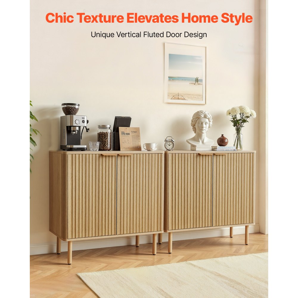 VEVOR Coffee Bar Cabinet, Mid Century Fluted Coffee Bar Table with 2-Tier Storage, Buffet Stand Cabinet with 4 Barn Doors, Sideboard Buffet Station for Living Room, Entryway, 31.5x14.7x31.5 in(Single)