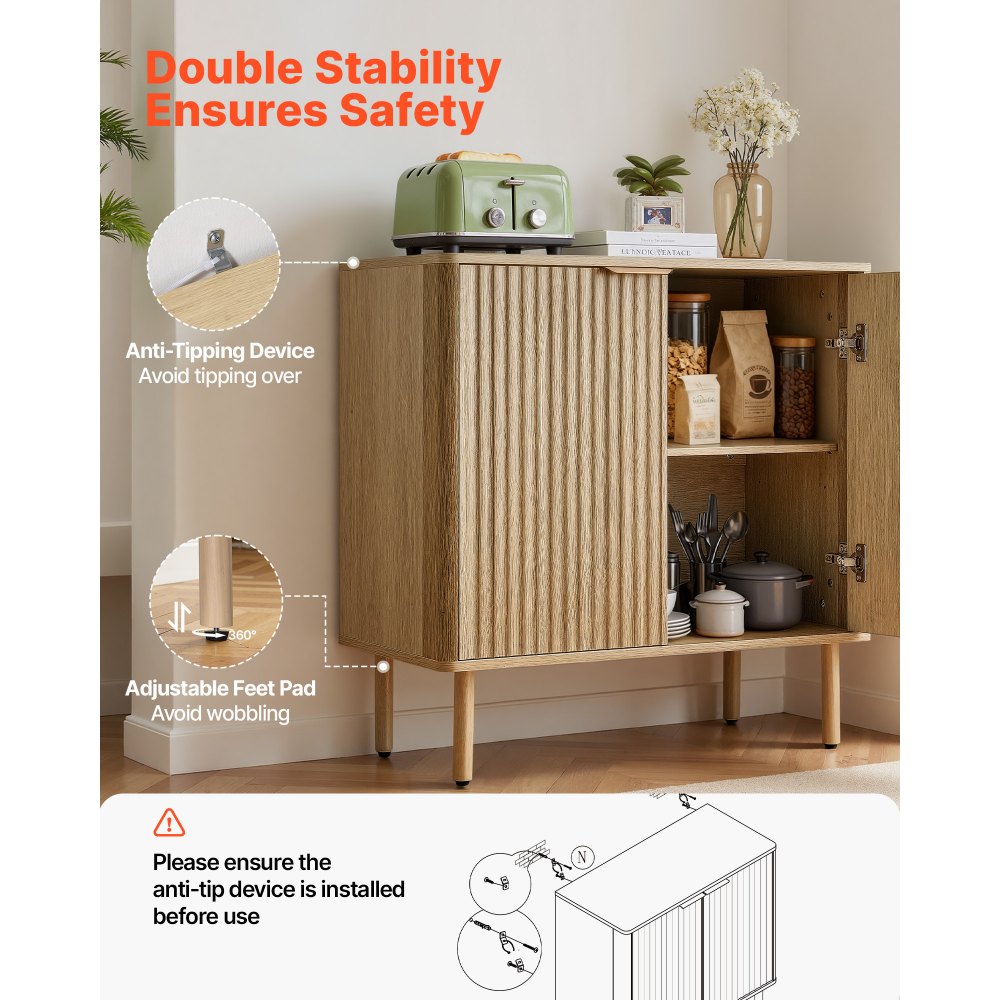 VEVOR Coffee Bar Cabinet, Mid Century Fluted Coffee Bar Table with 2-Tier Storage, Buffet Stand Cabinet with 4 Barn Doors, Sideboard Buffet Station for Living Room, Entryway, 31.5x14.7x31.5 in(Single)