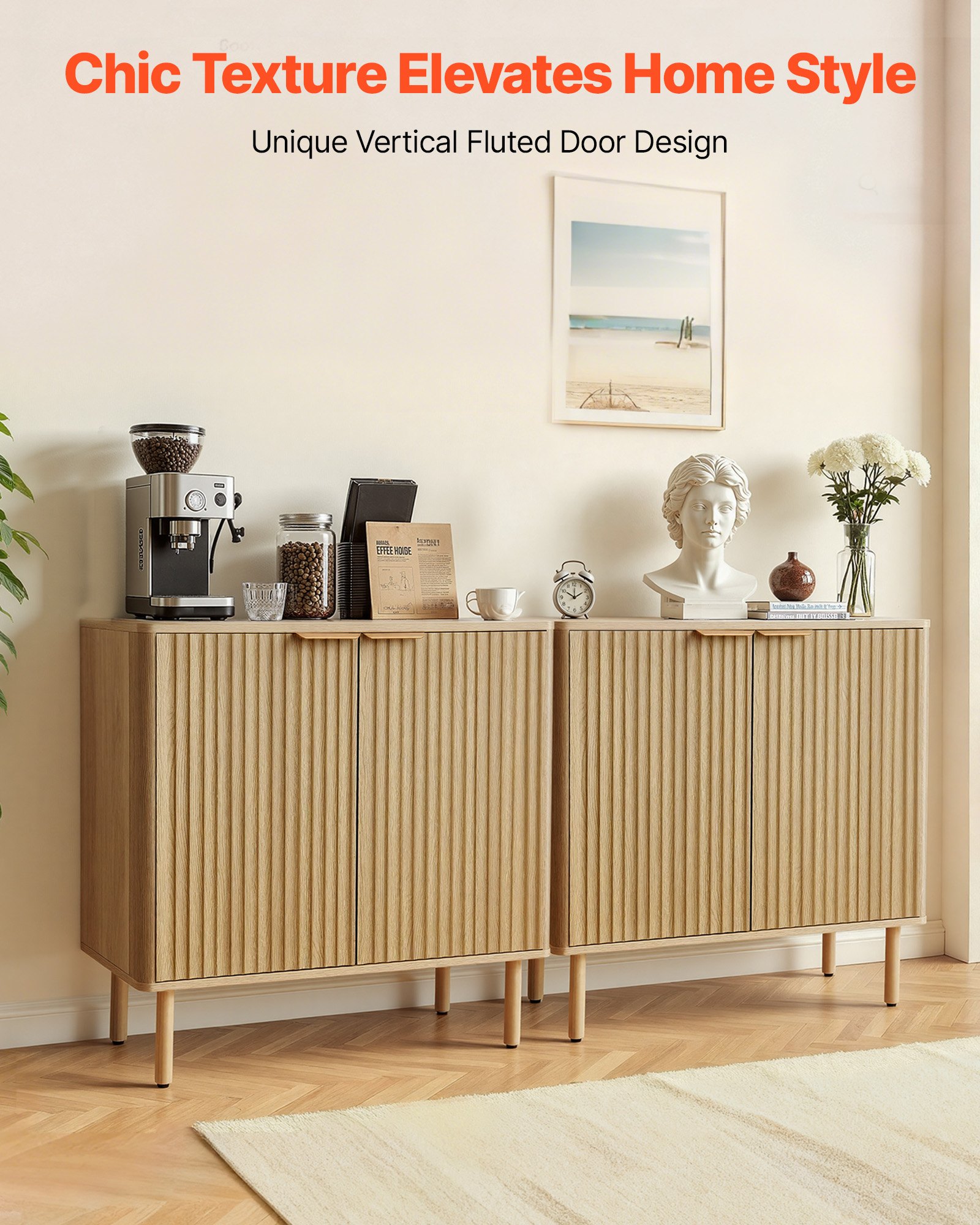 VEVOR Coffee Bar Cabinet, Mid Century Fluted Coffee Bar Table with 2-Tier Storage, Buffet Stand Cabinet with 4 Barn Doors, Sideboard Buffet Station for Living Room, Entryway, 31.5x14.7x31.5 in(Single)