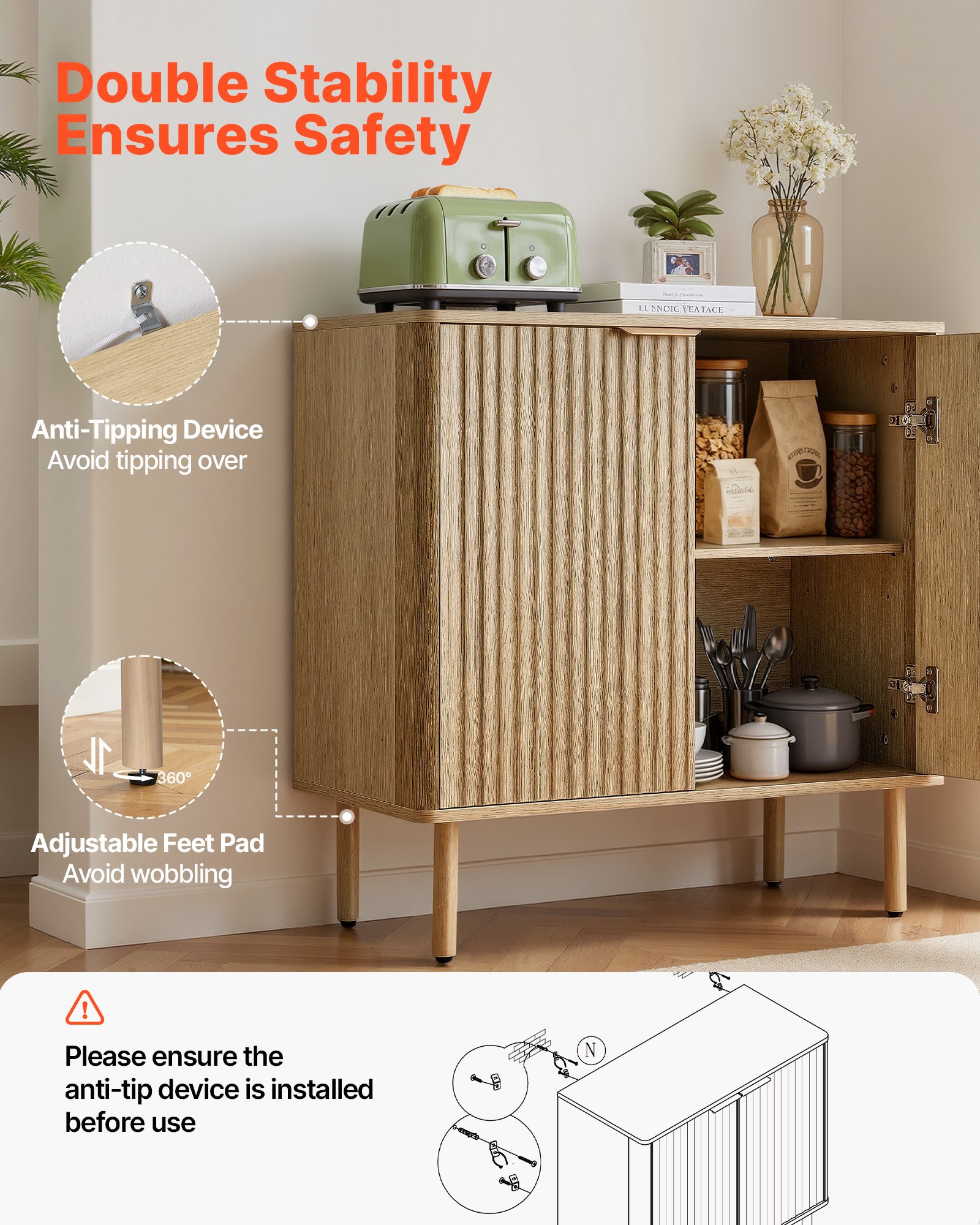 VEVOR Coffee Bar Cabinet, Mid Century Fluted Coffee Bar Table with 2-Tier Storage, Buffet Stand Cabinet with 4 Barn Doors, Sideboard Buffet Station for Living Room, Entryway, 31.5x14.7x31.5 in(Single)