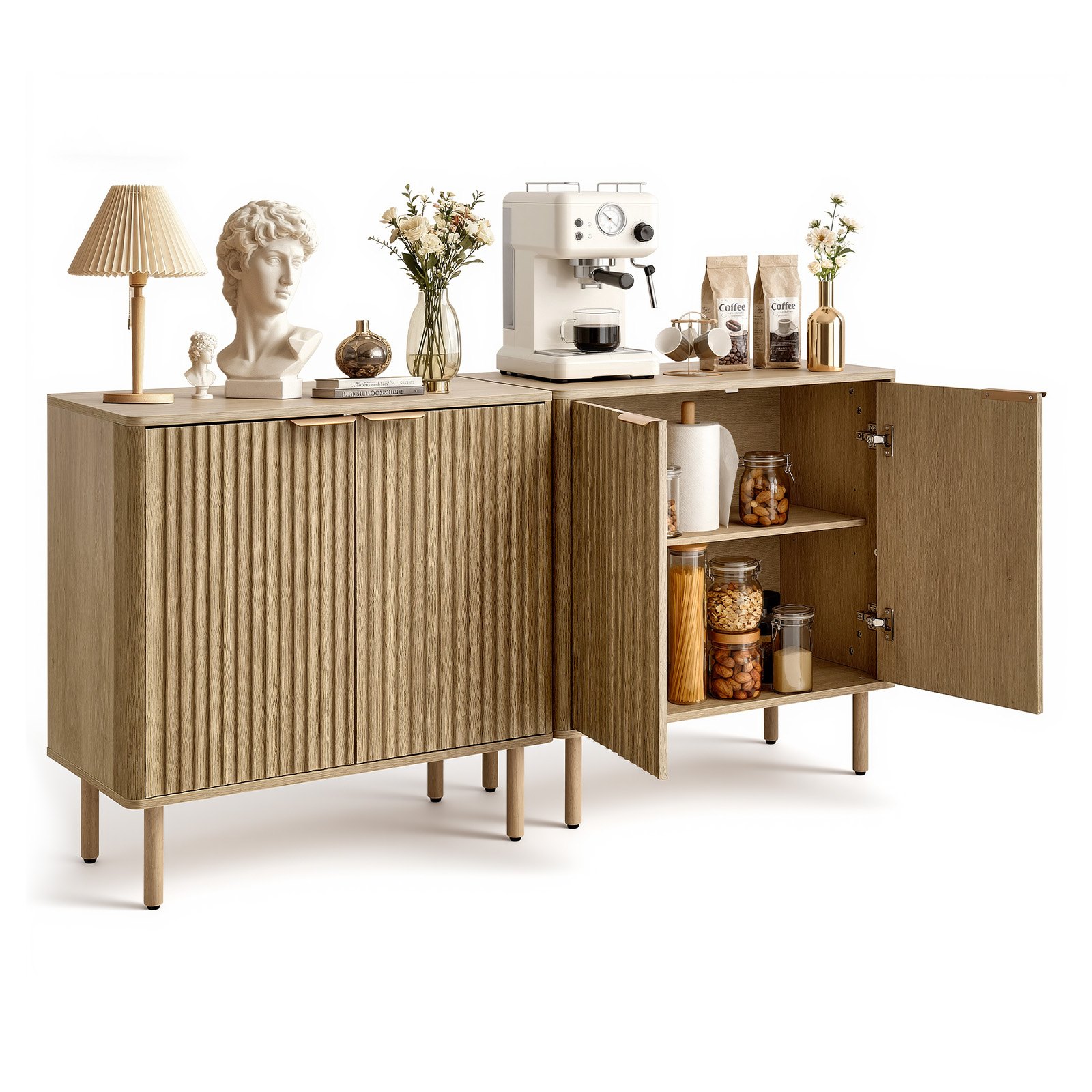VEVOR Coffee Bar Cabinet, Mid Century Fluted Coffee Bar Table with 2-Tier Storage, Buffet Stand Cabinet with 4 Barn Doors, Sideboard Buffet Station for Living Room, Entryway, 31.5x14.7x31.5 in(Single)