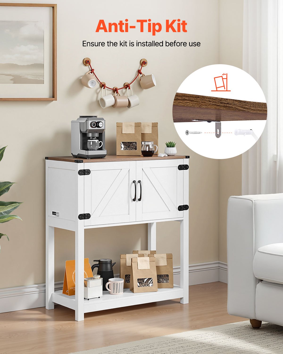 VEVOR Coffee Bar Cabinet, 31.5 x 13.8 x 34.6 in Farmhouse Coffee Bar Cabinet with 3-Tier Storage, Coffee Bar Table with Magnet Doors, Farmhouse Sideboard Buffet Cabinet for Living Room, Entryway