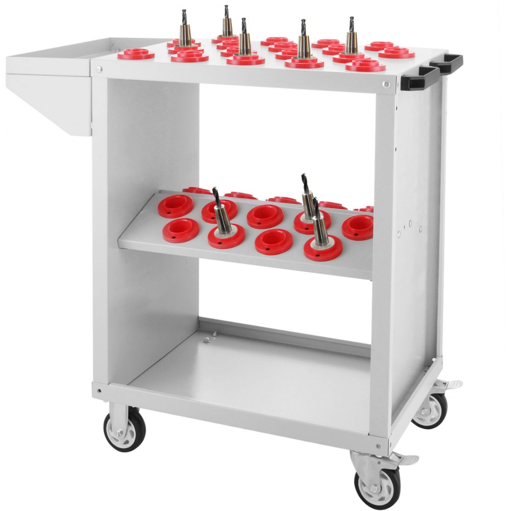 VEVOR tool cart with red tool holders and caster wheels.