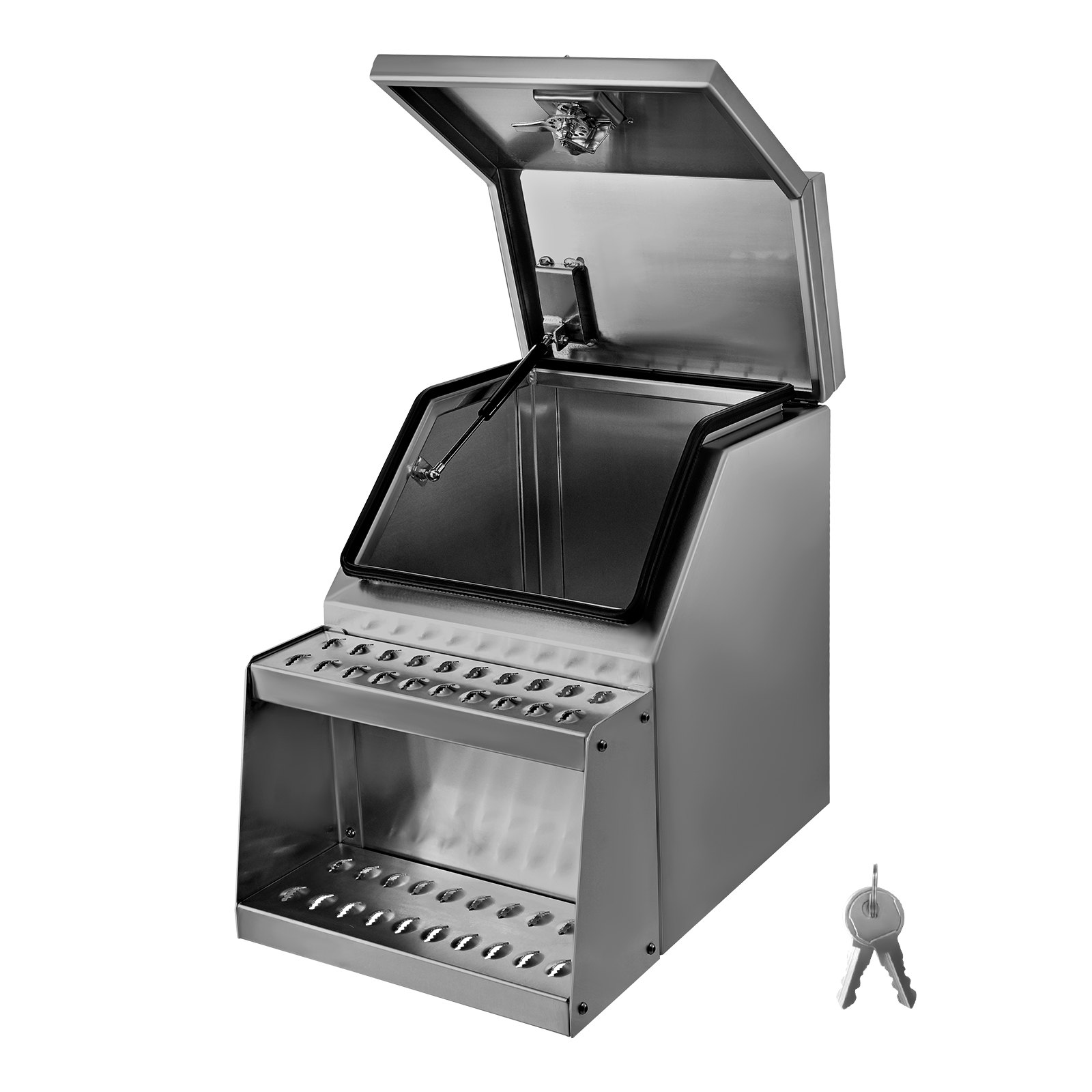 Schůdková schránka na nářadí VEVOR pro kamiony, 457 x 695 x 645 mm, odolná hliníková schránka na nářadí, boční montáž, vodotěsná boční úložná schránka s T-rukojetí a klíči pro kamiony, plošinové návěsy