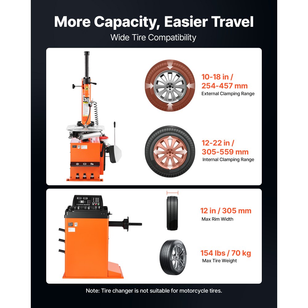VEVOR Tire Changer Machine and Tire Balancer Set, 2HP/1500W Wheel Changer + 250W Tire Balancing Machine Combo, Inside Clamp 12"-22", Support 12" Max Rim Width with Pedal Control for Auto Repair Shops