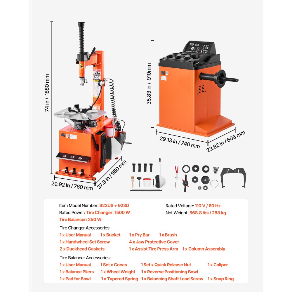 VEVOR Tire Changer Machine and Tire Balancer Set, 2HP/1500W Wheel Changer + 250W Tire Balancing Machine Combo, Inside Clamp 12"-22", Support 12" Max Rim Width with Pedal Control for Auto Repair Shops