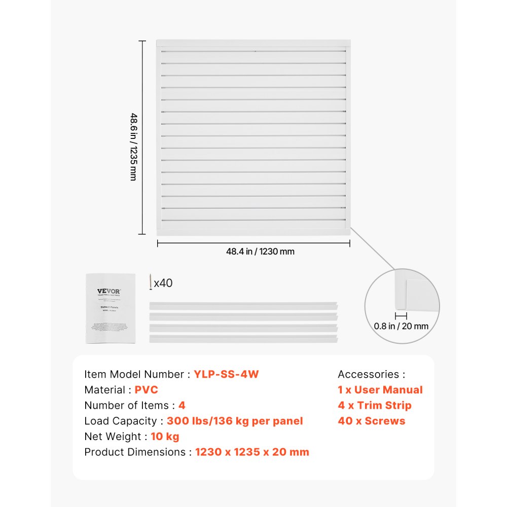 VEVOR Slat Wall Paneling, 4 x 4 ft, PVC Garage Slatwall with Modular Design, White Slat Wall Easy-to-Install Adjustable Slatwall Panel with Coupling Structure & DIY Cutting, Fits for Storage & Display