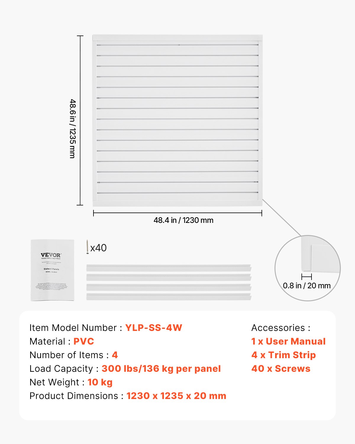 VEVOR Slat Wall Paneling, 4 x 4 ft, PVC Garage Slatwall with Modular Design, White Slat Wall Easy-to-Install Adjustable Slatwall Panel with Coupling Structure & DIY Cutting, Fits for Storage & Display